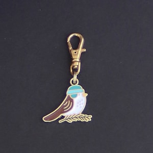Bird Zipper Charm-Enamel-Gold-Tone-Brown/Blue
