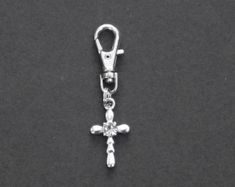 Cross Zipper Charm-Religious-Crystal Center Stone-Silver-Tone