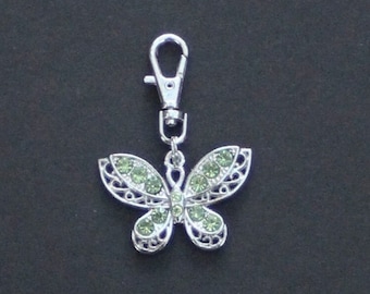 Butterfly Zipper Charm-Green Rhinestone-Silver Tone