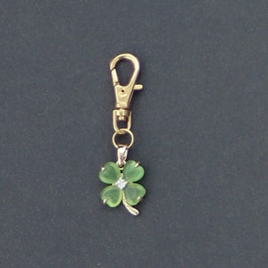 Shamrock Zipper Charm-Four Leaf Clover-St. Patrick's Day-Light Green Stone/Rhinestone-Gold Plated Copper