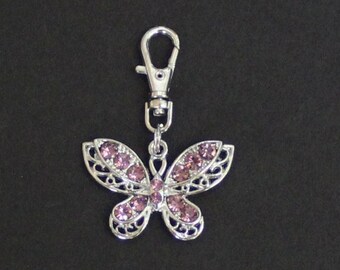 Butterfly Zipper Charm-Orchid-Rhinestone-Silver Tone