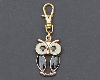 Owl Zipper Charm-Gold-Black and Off-White Enamel