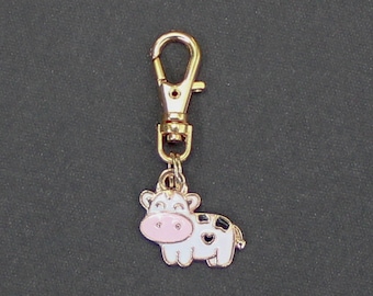 Cow Zipper Charm-Enamel-Black/White/Pink-Gold-Tone-TINY