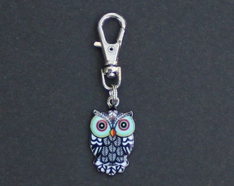 Owl Zipper Charm-Enamel and Silver Tone