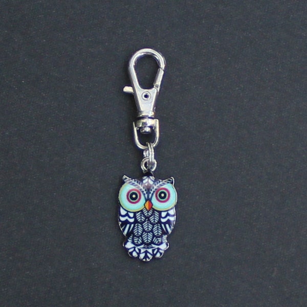 Owl Zipper Charm-Enamel and Silver Tone