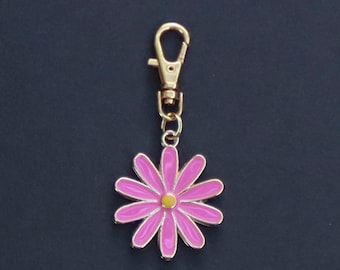 Daisy Zipper Charm-Dark/Hot Pink Enamel-Gold Tone-Double-Sided-Larger Size