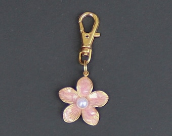 Flower Zipper Charm-Light Pink Enamel-Gold Tone-With Faux Pearl