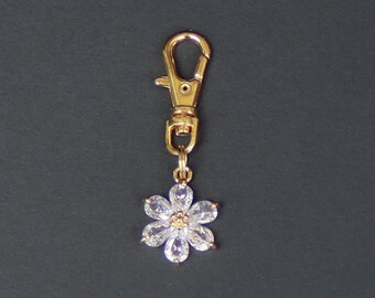 Flower Zipper Charm-Clear Crystal Color Crystals-Copper-Gold Plated