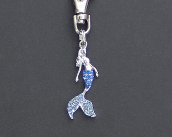 Mermaid Zipper Charm-Blue Rhinestone-Silver-Tone