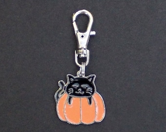 Cat Zipper Charm in Pumpkin-Black Enamel-Silver Tone