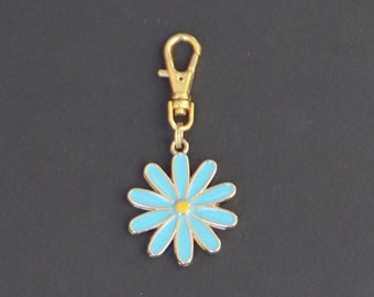 Daisy Zipper Charm-Light Blue Enamel-Gold Tone-Double-Sided-Larger Size