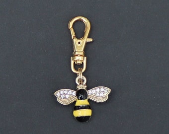 Bee Zipper Charm-Enamel-Yellow and Black-Rhinestone-Gold-Tone-MEDIUM SIZE