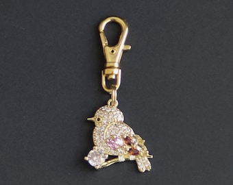 Bird Zipper Charm-Rhinestone-Gold Plated-On Twig with Crystal