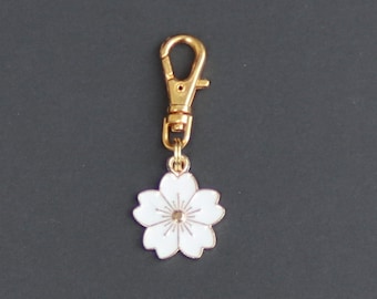 Flower Zipper Charm-White Enamel-Sakura Flower-White Cherry Blossom-Gold Tone