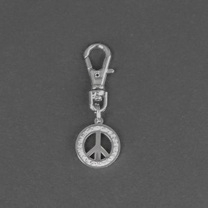 Peace Sign Zipper Charm-Stainless Steel-Rhinestone-Silver-Tone image 1