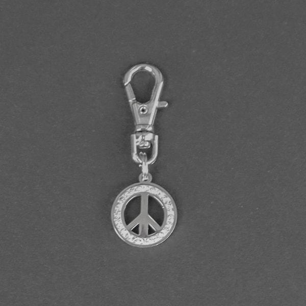 Peace Sign Zipper Charm-Stainless Steel-Rhinestone-Silver-Tone