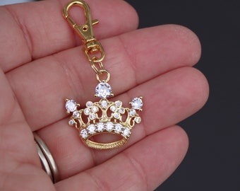 Crown Zipper Charm-Crystal Stone-Gold-Plated-One-Sided