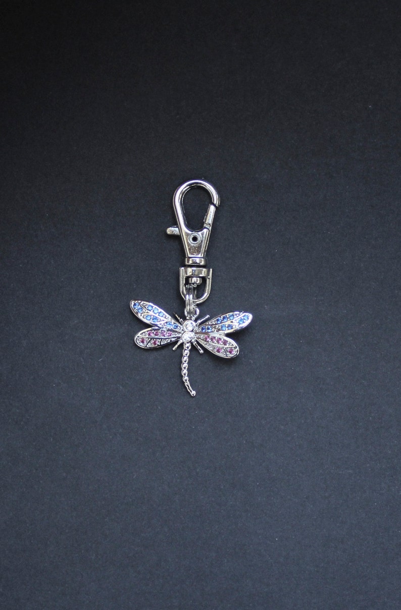 Dragonfly Zipper Charm-Rhinestone Pink and Blue-Silver-Tone image 1