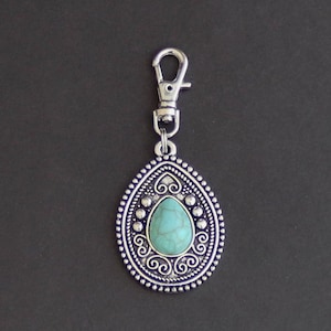 Imitation Turquoise Zipper Charm-Teardrop Shape-Antique Silver-Tone Lobster Clasp