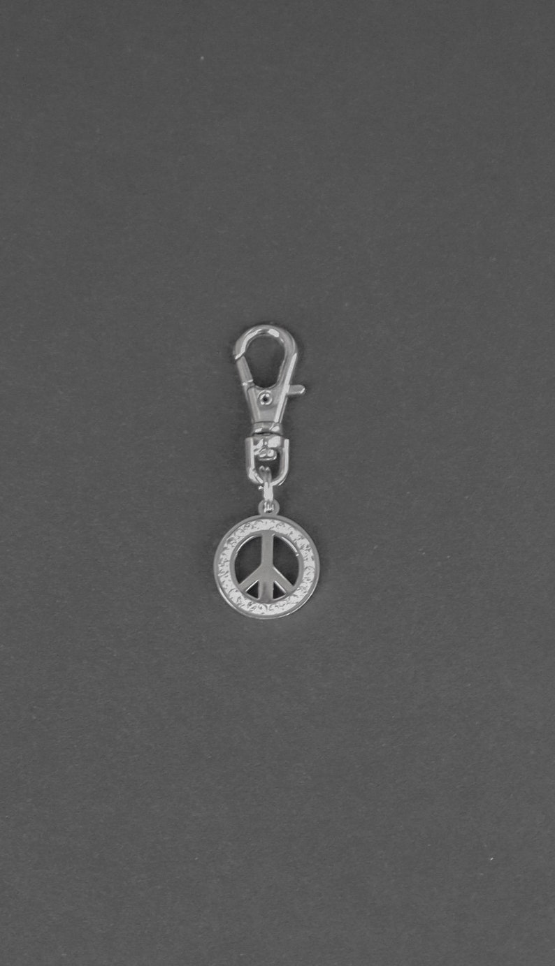 Peace Sign Zipper Charm-Stainless Steel-Rhinestone-Silver-Tone image 1