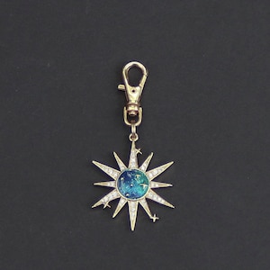 Celestial Sun Zipper Charm-Gold Plate And Rhinestone-Blue Enamel-Large Size