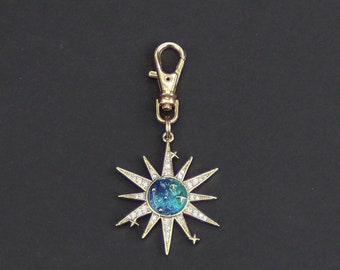 Celestial Sun Zipper Charm-Gold Plate And Rhinestone-Blue Enamel-Large Size