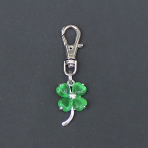 May include: A silver key chain with a green four-leaf clover charm.