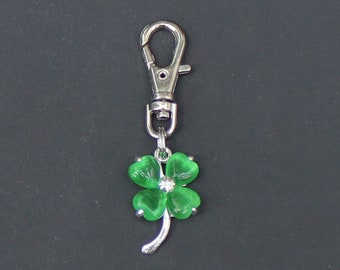 Shamrock Zipper Charm-Four Leaf Clover-St. Patrick's Day-Light Green Stone/Rhinestone-Silver Plated Alloy-NO BAIL