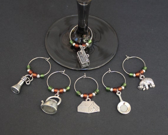 Unique Wine Tags Set of 6 Silver Wine Glass Charms Camping Themed Gifts Camping Wine Charms