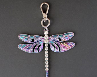 Dragonfly Zipper Charm-Rainbow Effect-Crystal-Silver-Tone-PUSH GATE CLASP