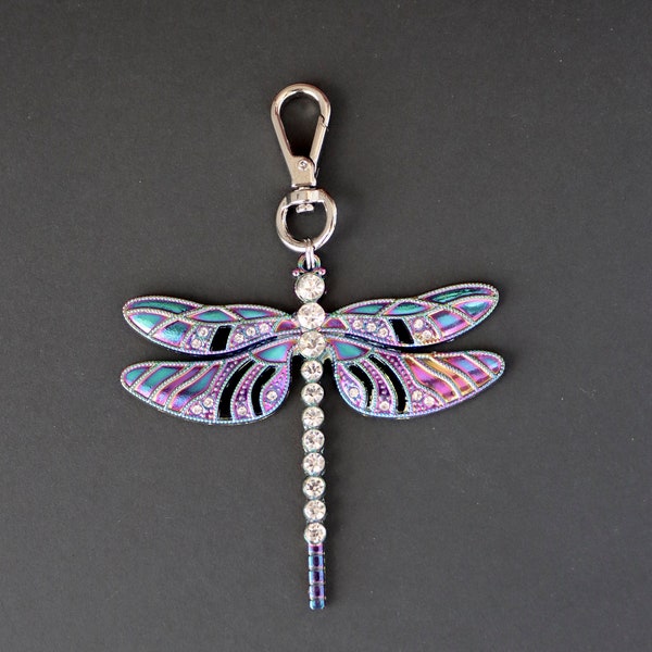 Dragonfly Zipper Charm-Rainbow Effect-Crystal-Silver-Tone-PUSH GATE CLASP