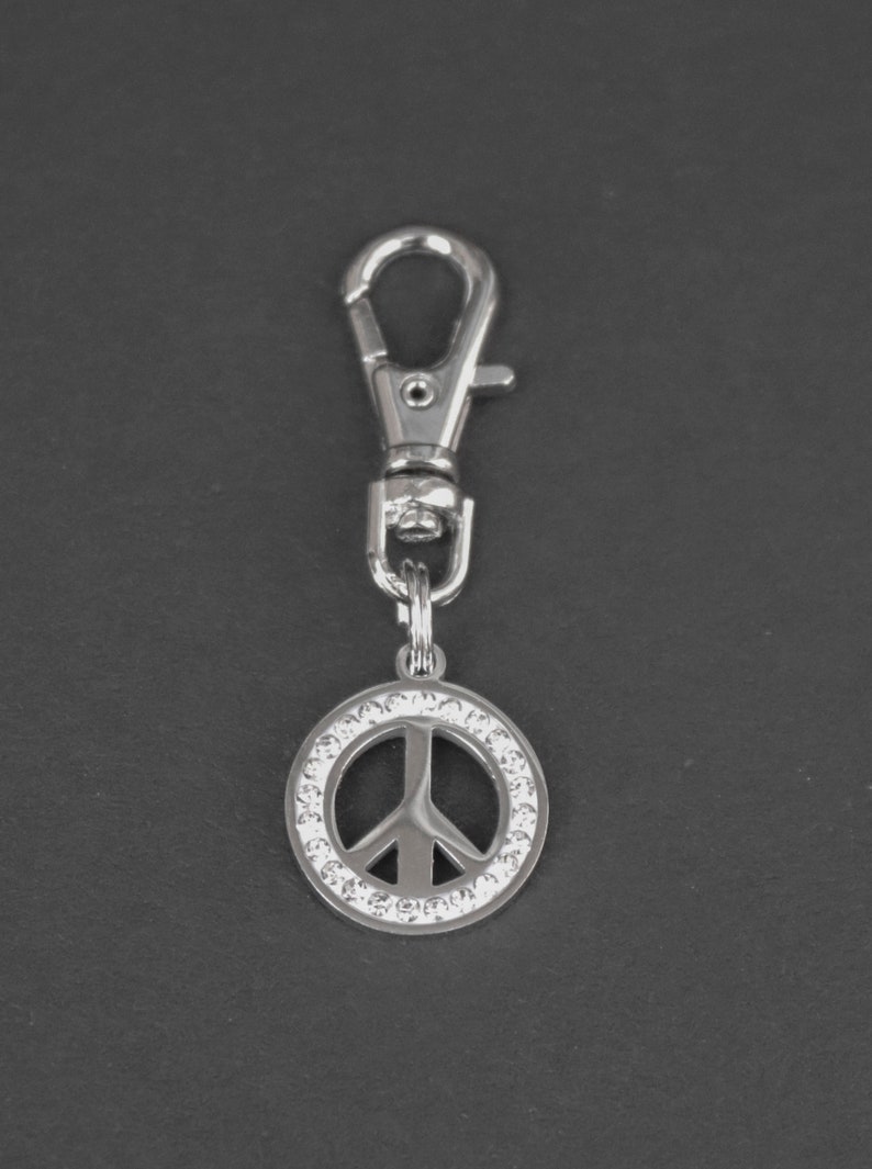 Peace Sign Zipper Charm-Stainless Steel-Rhinestone-Silver-Tone image 2