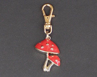 Mushroom Zipper Charm-Enamel and Gold Tone-Double Mushroom-Style 2