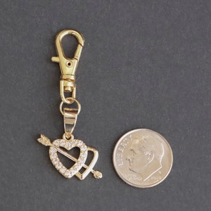 Heart Zipper Charm-Double Heart with Arrow-Rhinestone-Gold-Tone