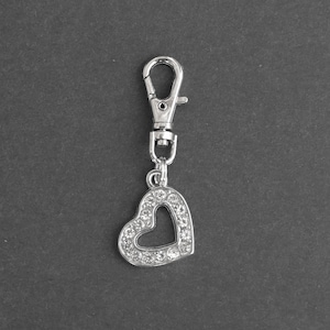 Heart-Rhinestone-Silver-Tone-Zipper Charm-Side Hanging