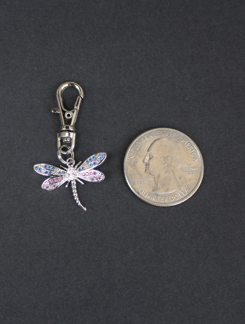 Dragonfly Zipper Charm-Rhinestone Pink and Blue-Silver-Tone image 4