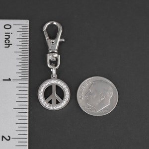 Peace Sign Zipper Charm-Stainless Steel-Rhinestone-Silver-Tone image 4