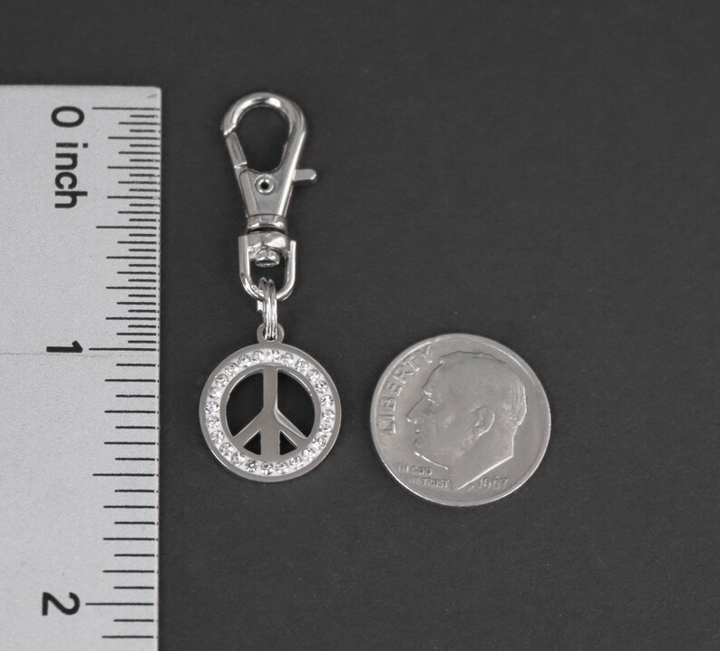 Peace Sign Zipper Charm-Stainless Steel-Rhinestone-Silver-Tone image 4