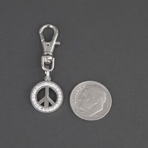 Peace Sign Zipper Charm-Stainless Steel-Rhinestone-Silver-Tone image 5