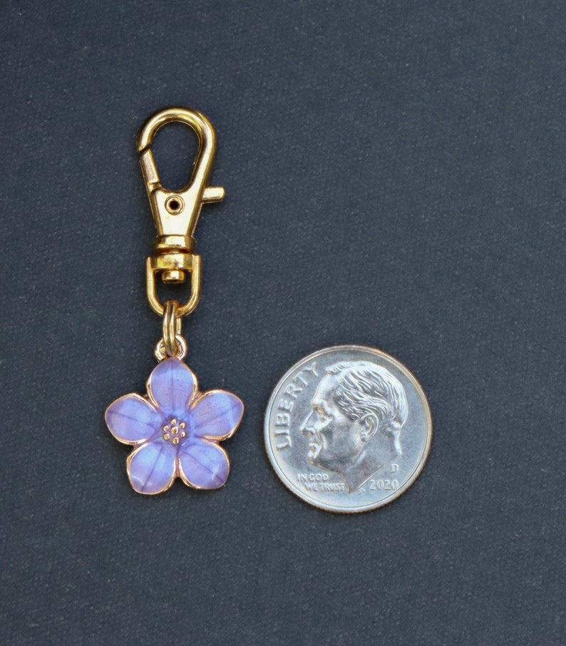 Flower Zipper Charm-Gold Tone-Purple Enamel image 4