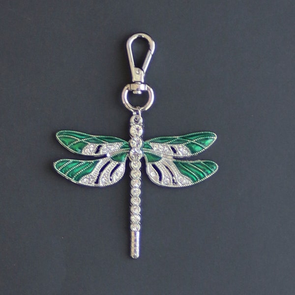 Dragonfly Zipper Charm-Emerald Green-Crystal-Silver-Tone-PUSH GATE CLASP