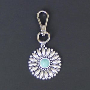 Imitation Turquoise Zipper Charm-Medallion Style-Antique Silver-Tone Push Gate Clasp-Large