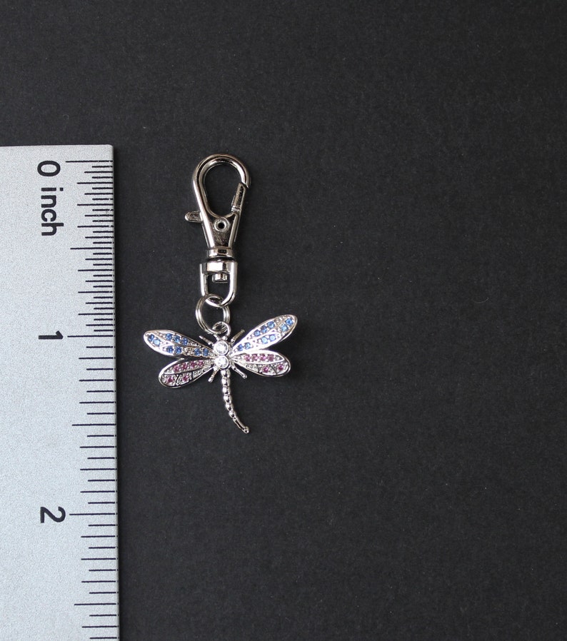 Dragonfly Zipper Charm-Rhinestone Pink and Blue-Silver-Tone image 3