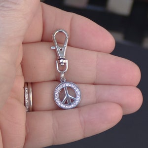 Peace Sign Zipper Charm-Stainless Steel-Rhinestone-Silver-Tone image 6