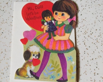 1960's Valentine Card Kitschy Doll, Girl, Puppy For School Trade 4 inches w/ Envelope