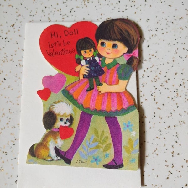 1960's Valentine Card Kitschy Doll, Girl, Puppy For School Trade 4 inches w/ Envelope