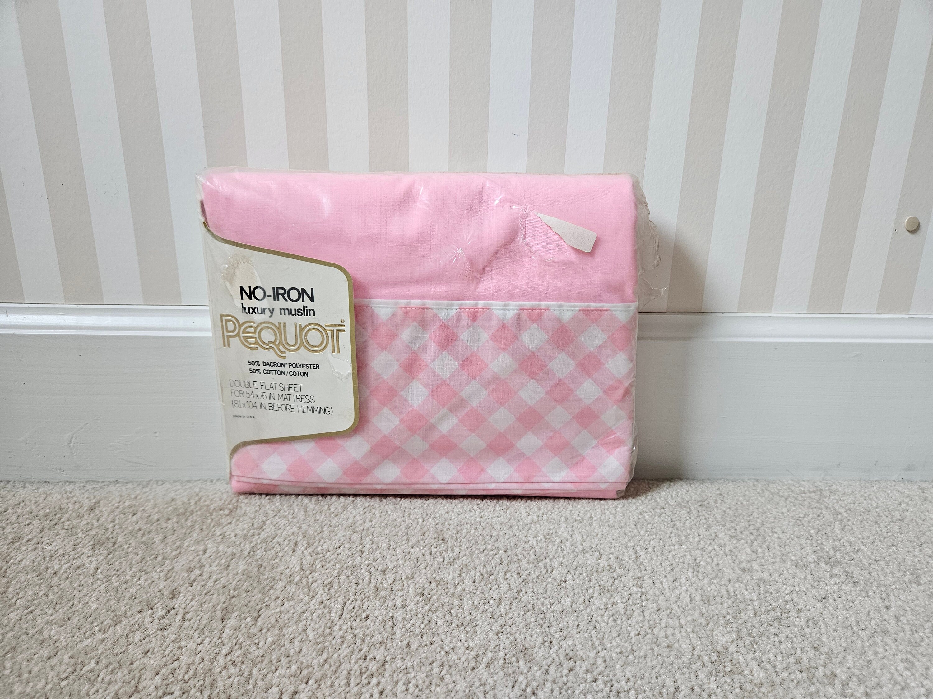 Vintage Pink Muslin Flat Sheet Full/Double Checked Edge NIP