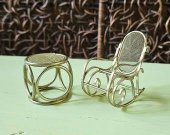 Vintage Brass Dollhouse Furniture 1:12 Rocking Chair, Side Table 1970s