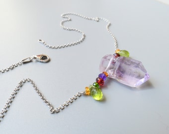 Small Amethyst scepter crystal drilled pendant with rhodium-plated sterling silver chain gemstone untreated