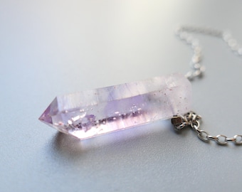 Zepter Amethyst Quarz Kristall gebohrt Anhänger mit rhodinierter Sterling Silber Kette Edelstein unbehandelt